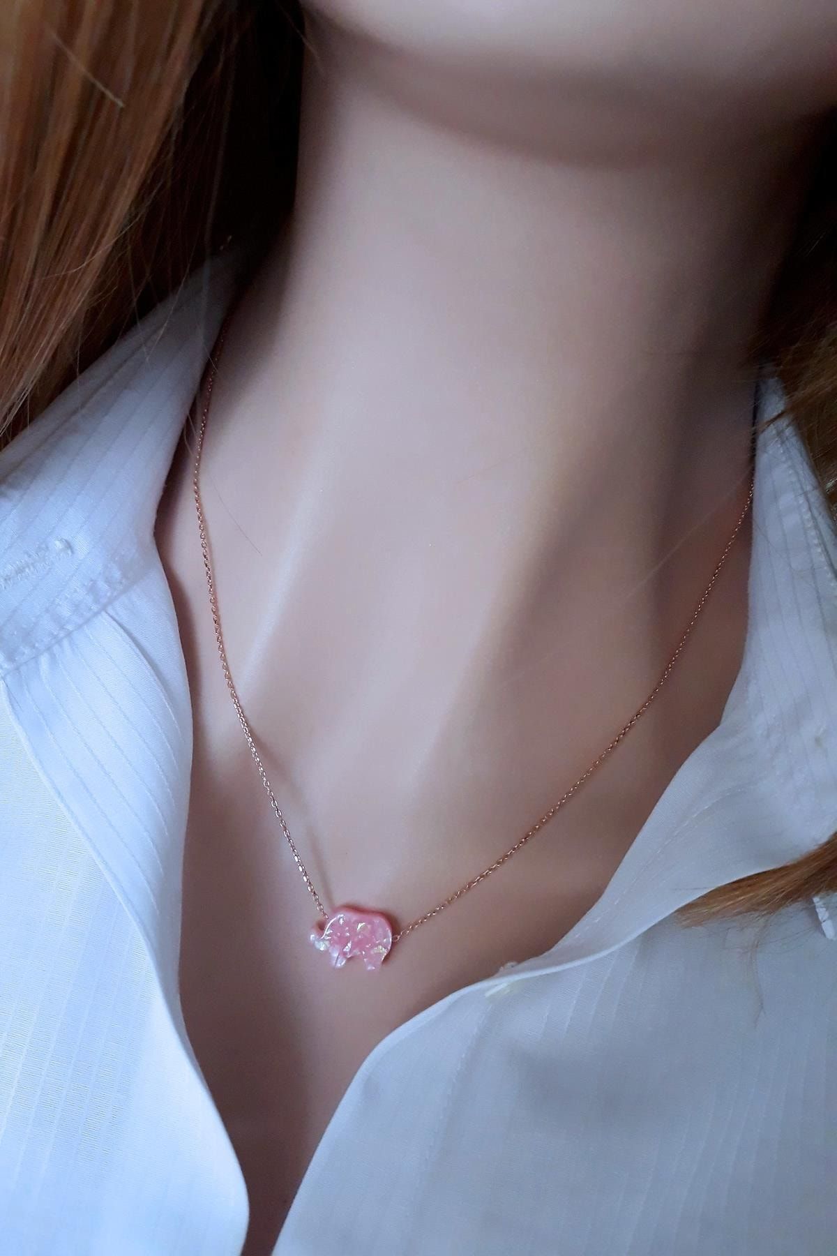 Kadın Rose Pembe Fil Resin Taş Kolye