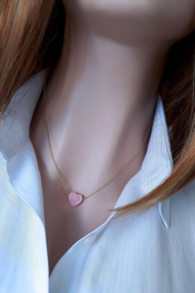 Altın Kaplama Zincirli Pembe Reçine Kalp Kolye