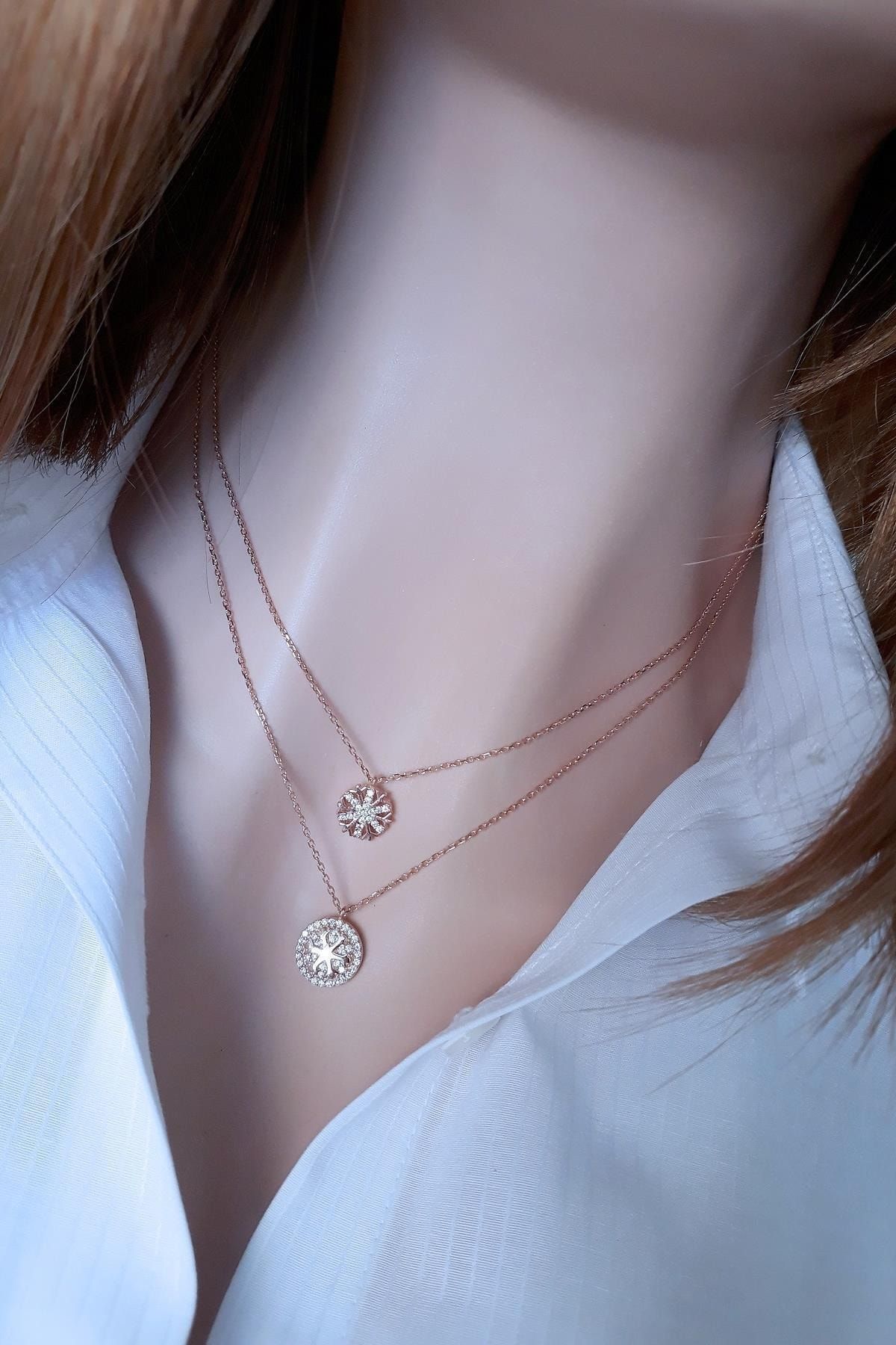 Kadın Rose Gold Renk Kar Tanesi İkili Rose Gümüş Kolye