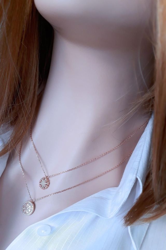 Kadın Rose Gold Renk Kar Tanesi İkili Rose Gümüş Kolye