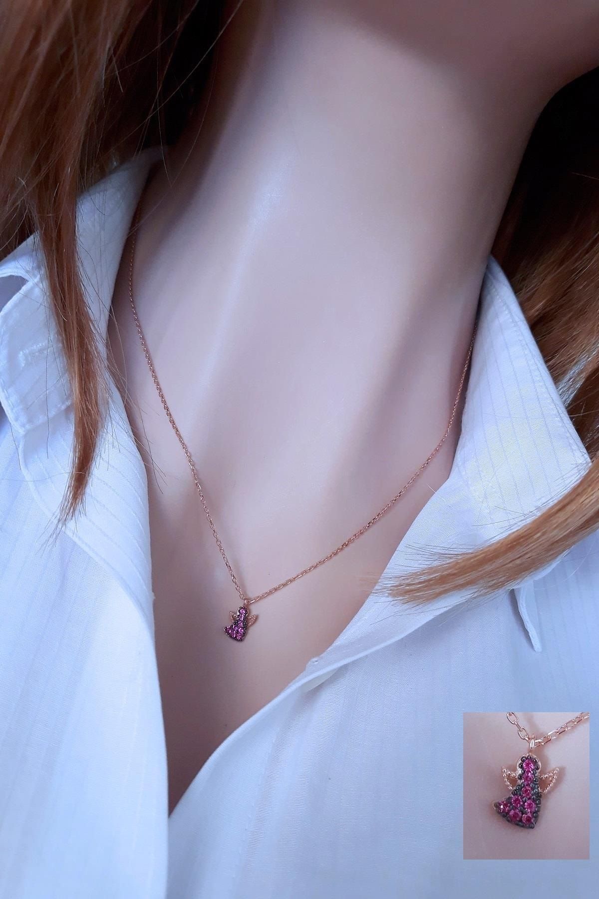 Kadın Fuşya Minimal Melek Rose Gümüş Kolye
