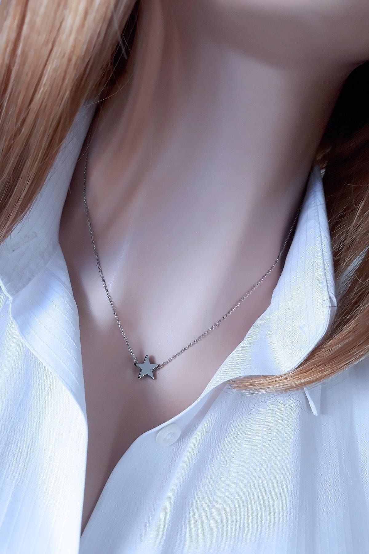 Kadın Gümüş Hematit Taşlı Yıldız Kolye