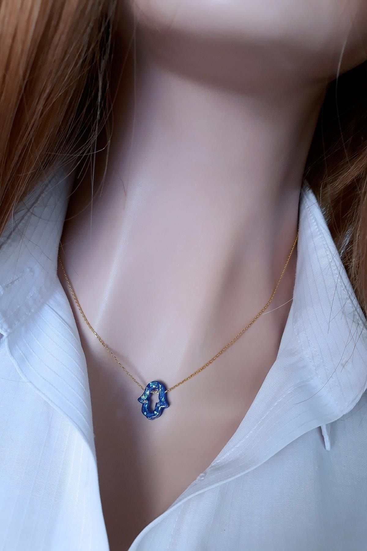 Koyu Mavi Fatma Ana Eli Resin Taş Kolye _14k Altın Kapl.
