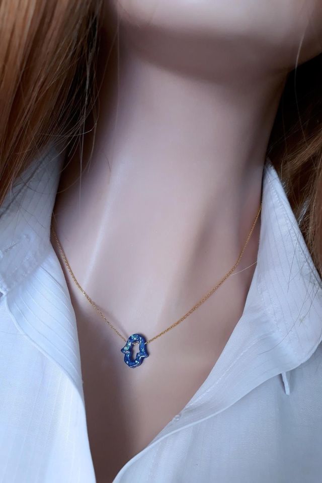 Koyu Mavi Fatma Ana Eli Resin Taş Kolye _14k Altın Kapl.