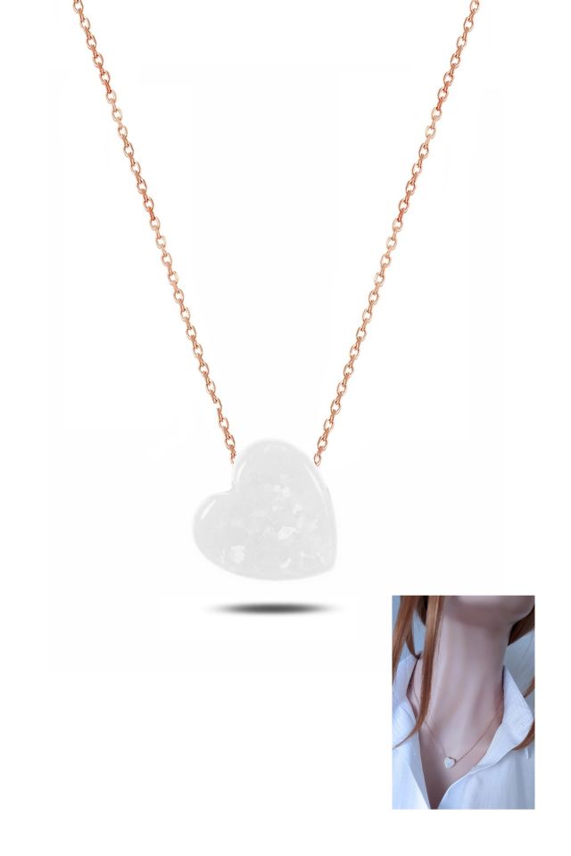 Beyaz Reçine Kalpli Kolye – Gümüş Zincirli | Rose Gold Kaplama