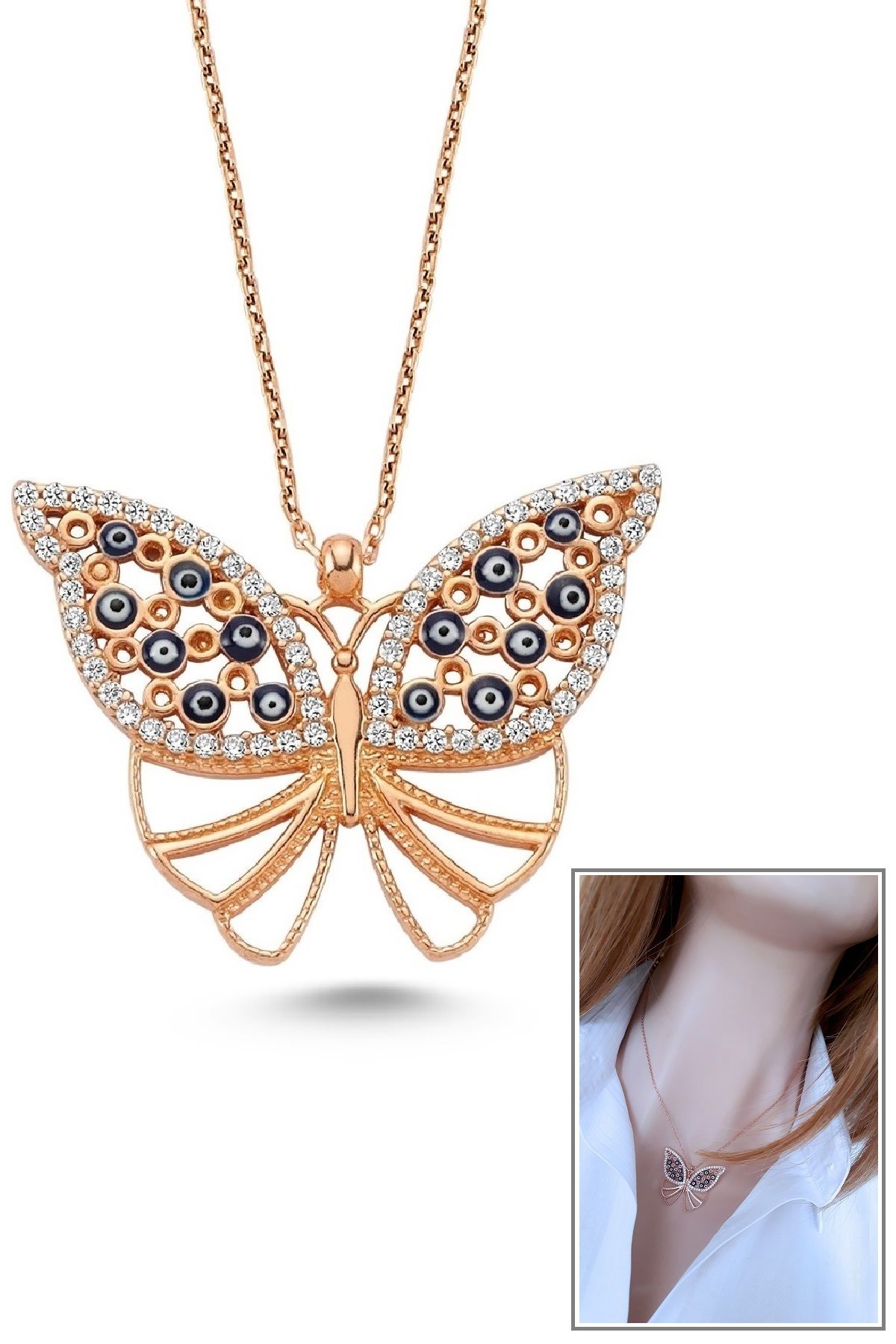 Nazar İşlemeli Kelebek Kolye – Beyaz Zirkon Detaylı – 925 Ayar Gümüş, Rose Gold Kaplama