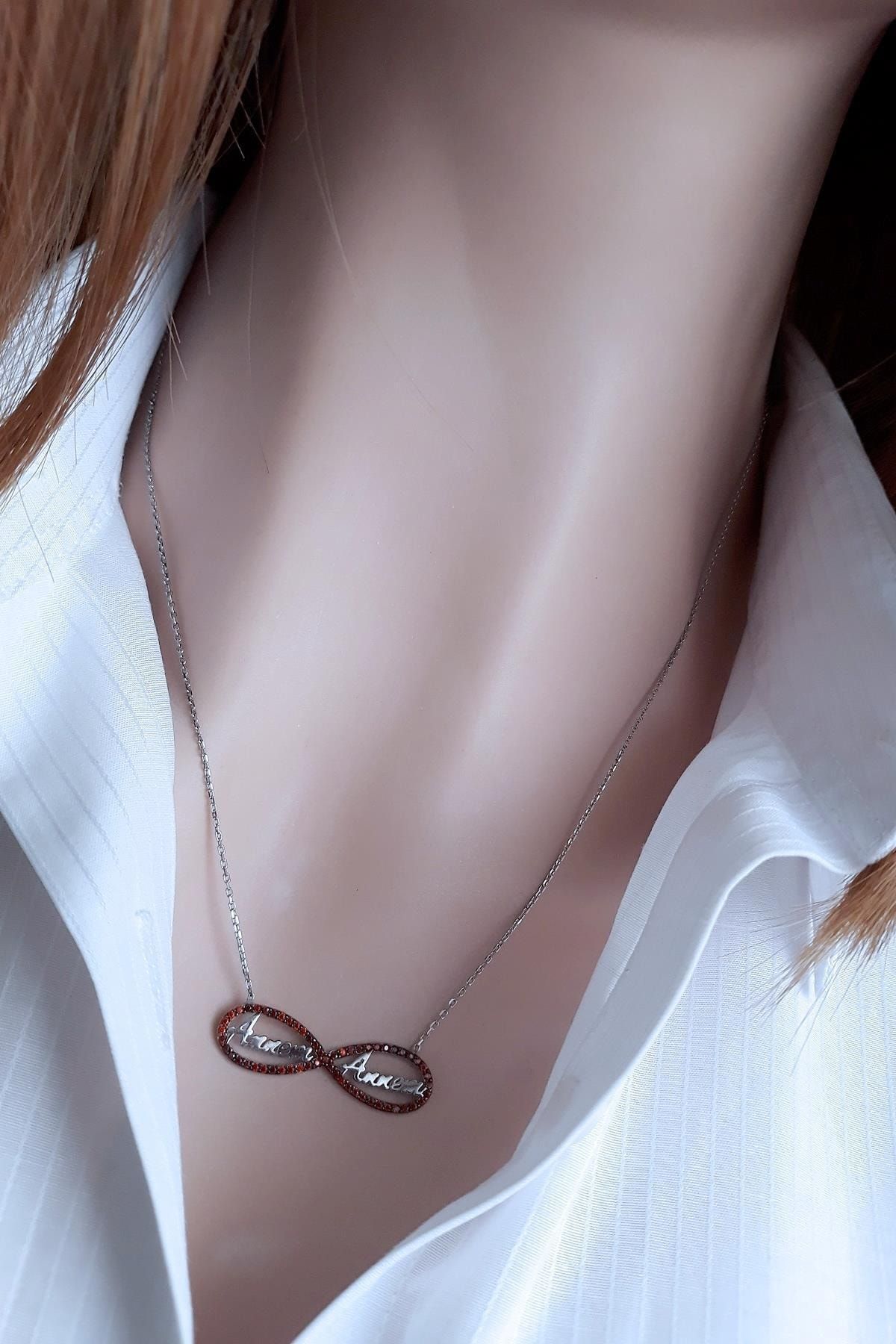 Annem Yazılı Sonsuzluk Kolye - Rodyum Kaplama - Turuncu