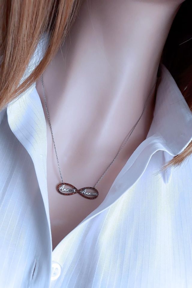 Annem Yazılı Sonsuzluk Kolye - Rodyum Kaplama - Turuncu