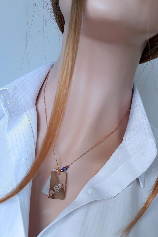 Dikdörtgen Aşk Yazılı Sedef Taşlı Kolye - 925 Ayar Gümüş, Rose Gold Kaplama