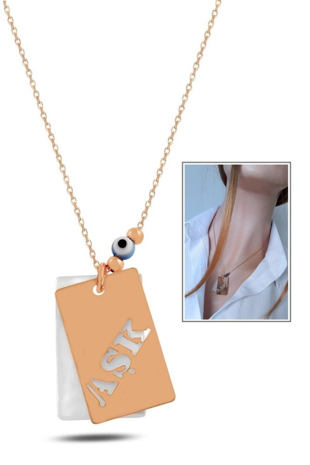 Dikdörtgen Aşk Yazılı Sedef Taşlı Kolye - 925 Ayar Gümüş, Rose Gold Kaplama