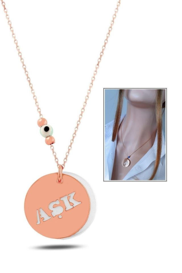 Aşk Yazılı Sedef Taşlı Kolye - 925 Ayar Gümüş, Rose Gold Kaplama