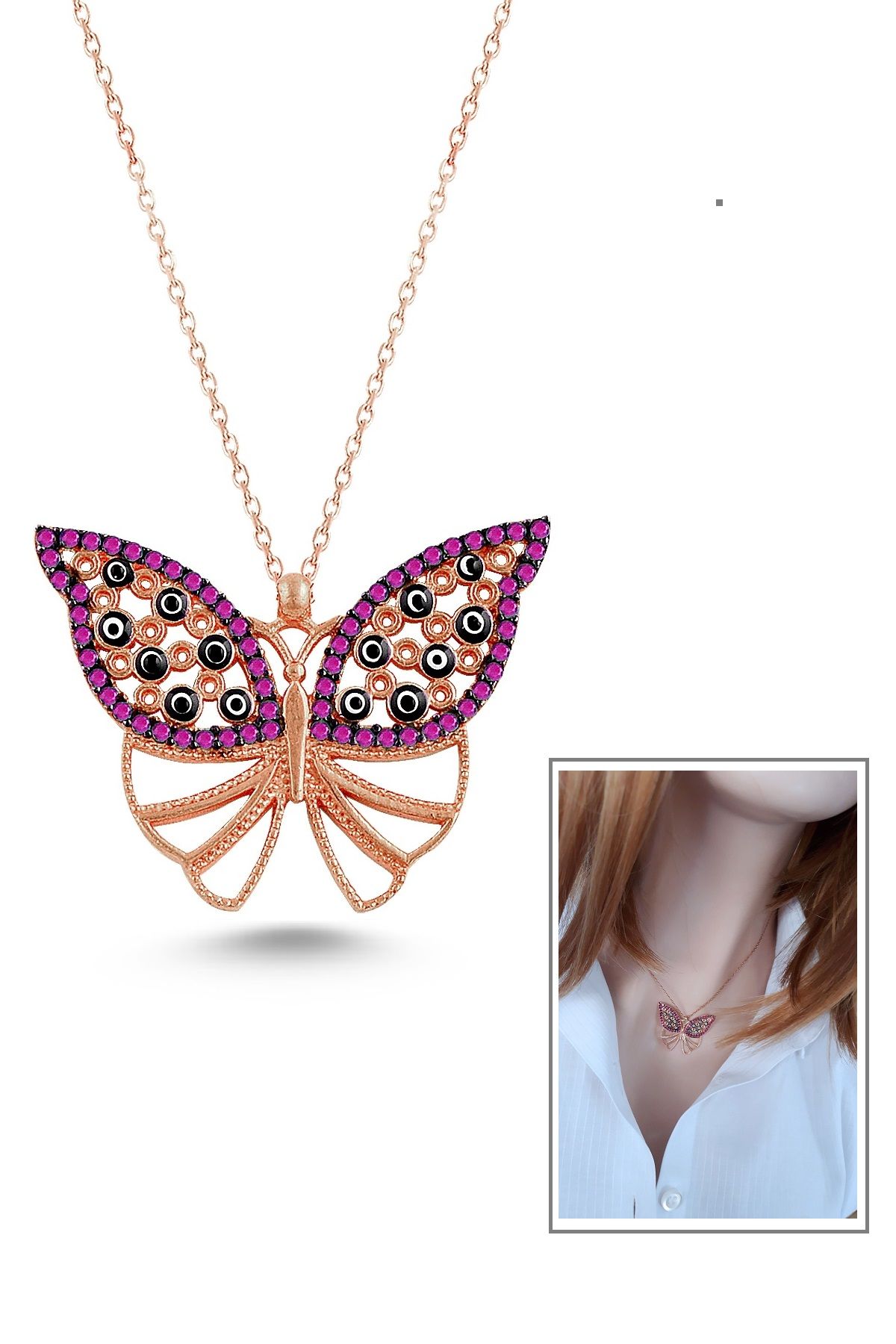 Nazar İşlemeli Kelebek Kolye – Pembe Zirkon Detaylı – 925 Ayar Gümüş, Rose Gold Kaplama