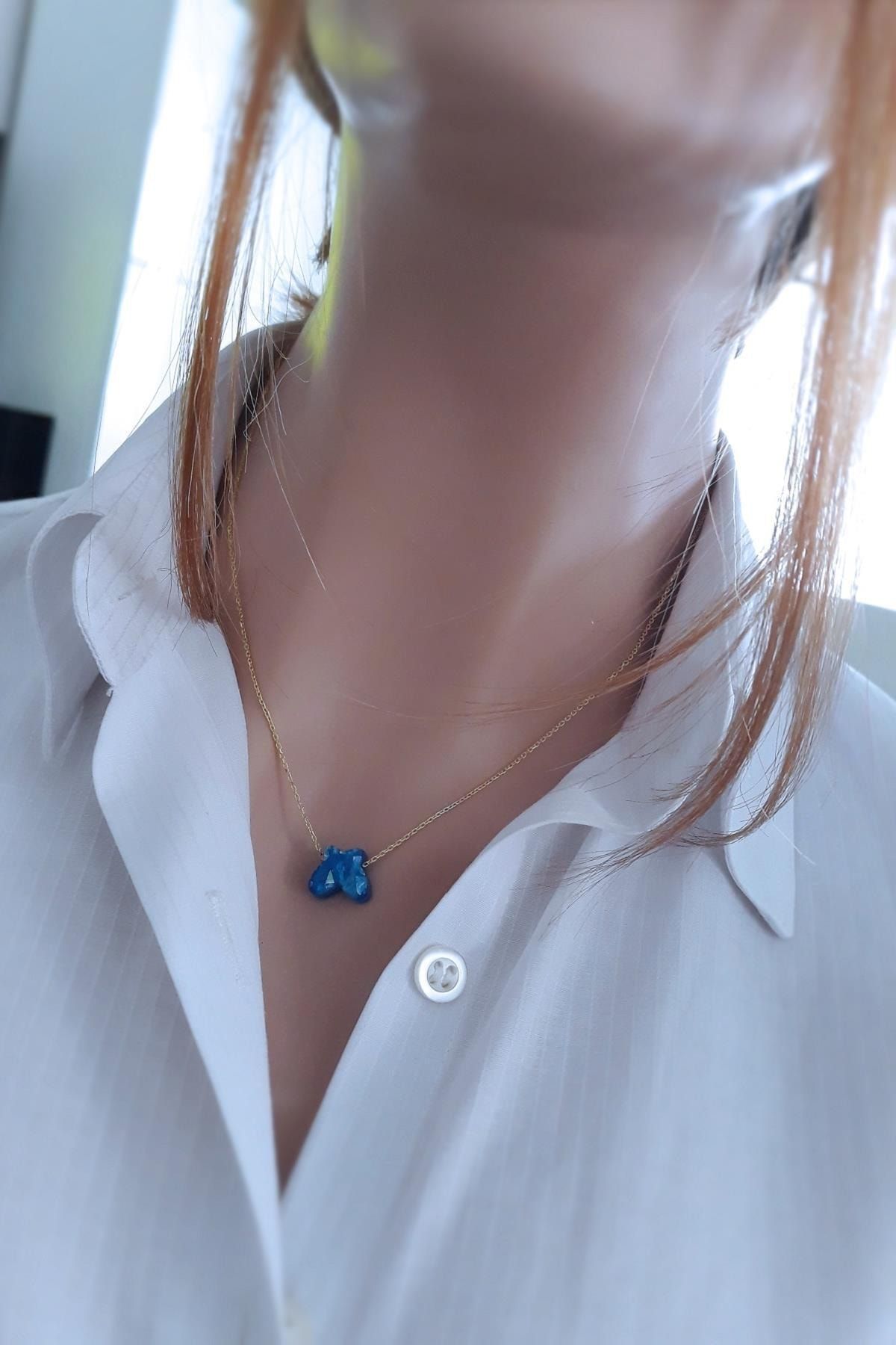 Koyu Mavi Kelebek Resin Taş Kolye _14k Altın Kapl.