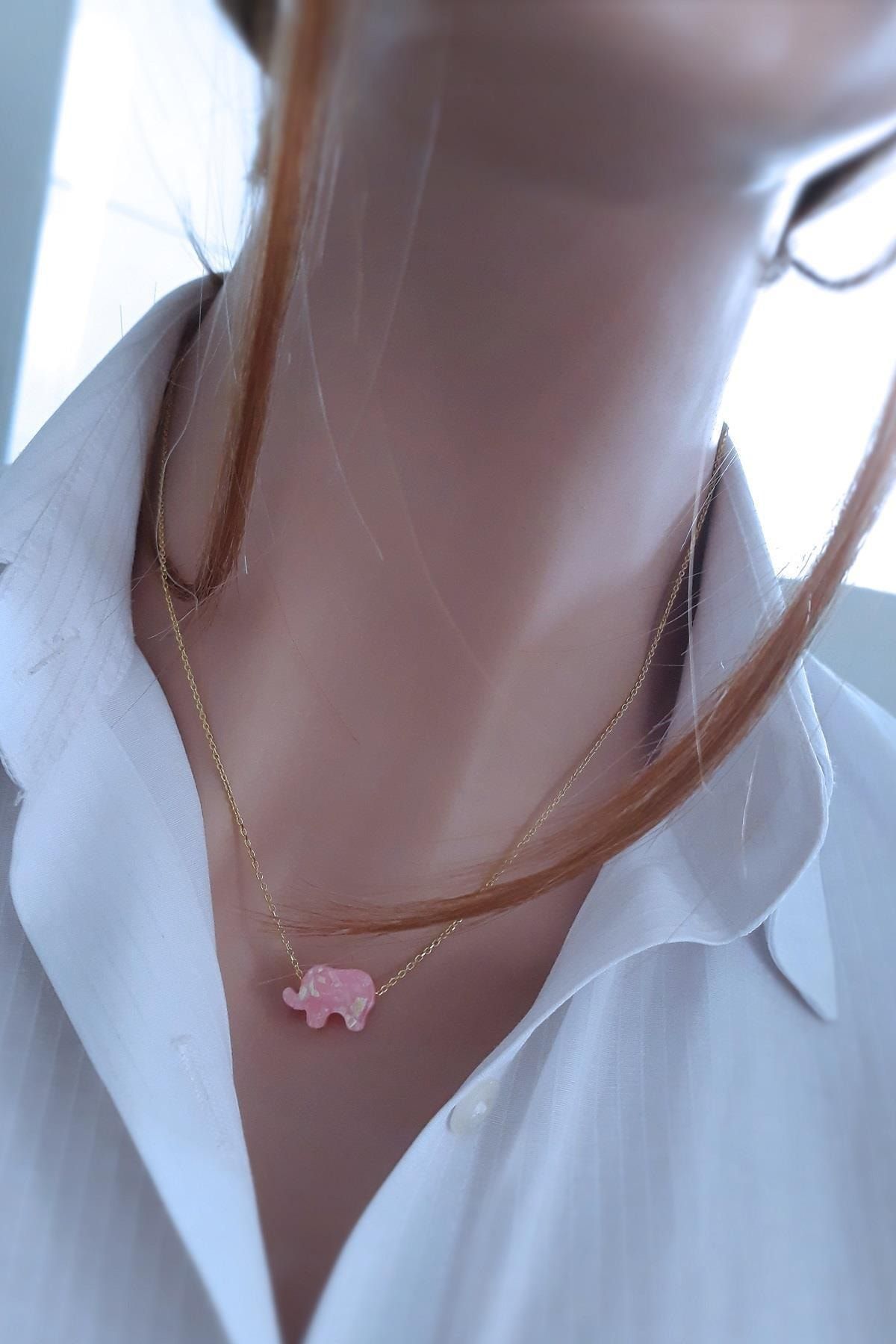 Kadın Pembe Fil Resin Taş Kolye 14k Altın Kaplama