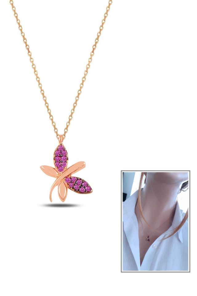 Kadın Rose Gold Fuşya Minimal Yusufçuk Gümüş Kolye