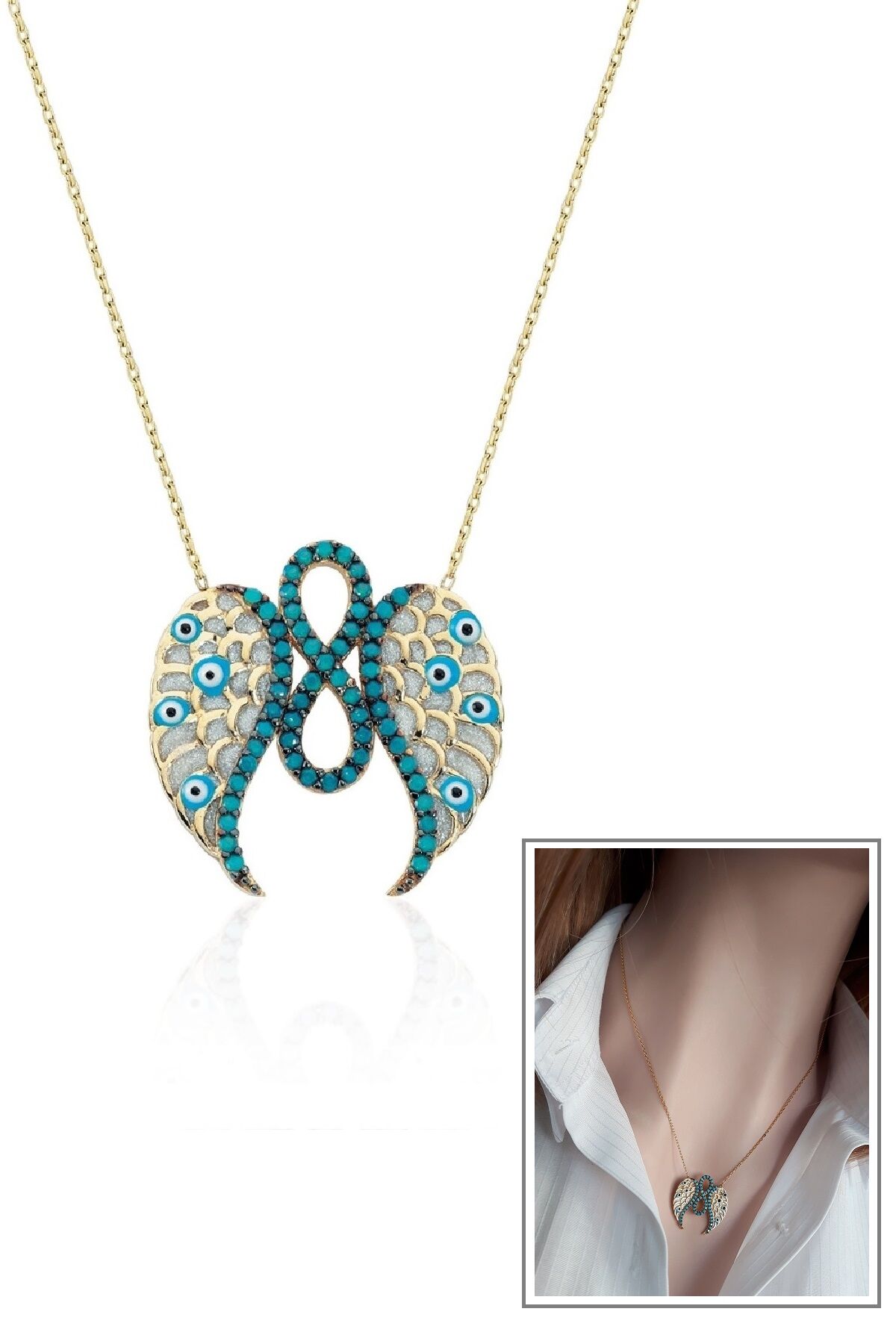 Sonsuzluk ve Melek Kanadı Kolye | Nazar Detaylı Mine İşlemeli 925 Gümüş