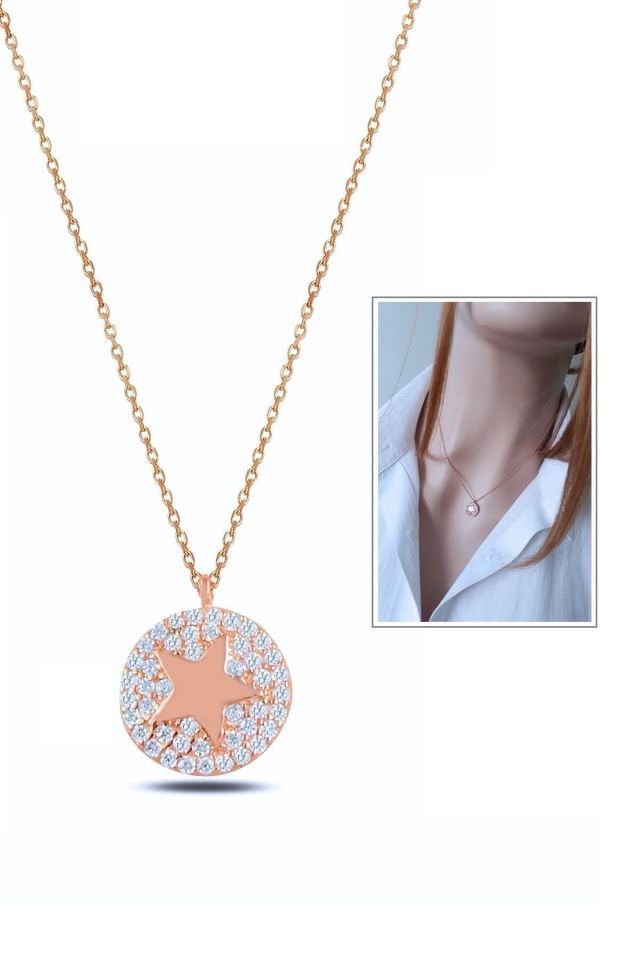 925 Ayar Gümüş, Rose Gold Kaplamalı, Yıldız Desenli Kolye, Beyaz Taşlı, 40+5 cm Zincir