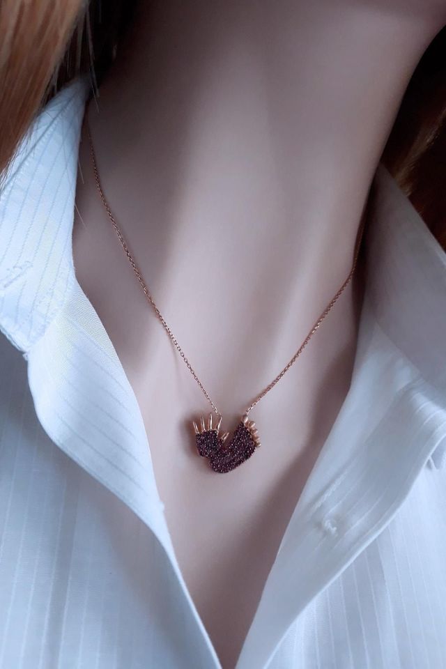 Fuşya Neşeli Anne Bebek Ayak İzi Kolye - Rose Gold Kaplamalı