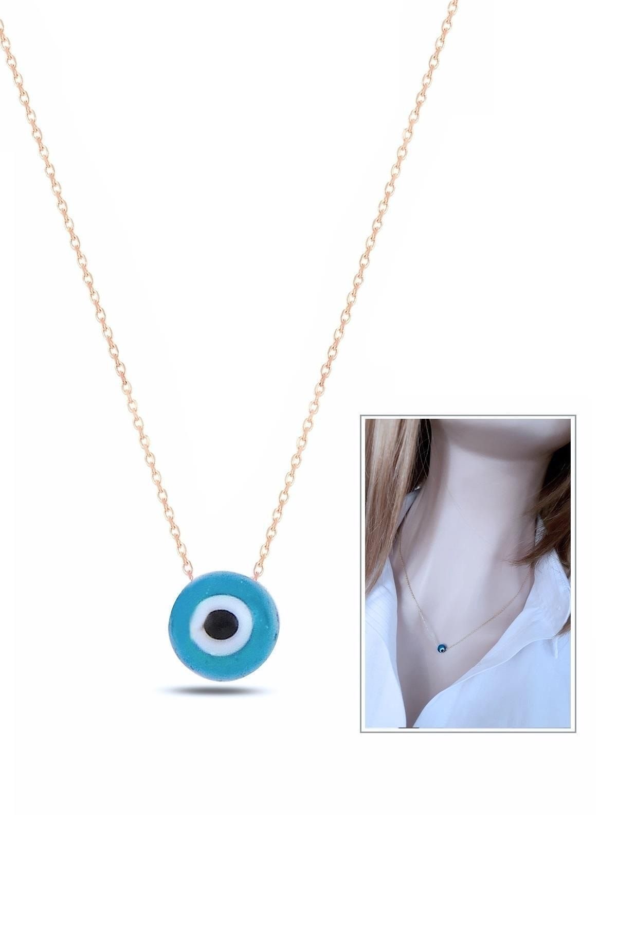 Turkuaz Minimal Nazar Kolye – 925 Ayar Gümüş, Rose Gold Kaplama