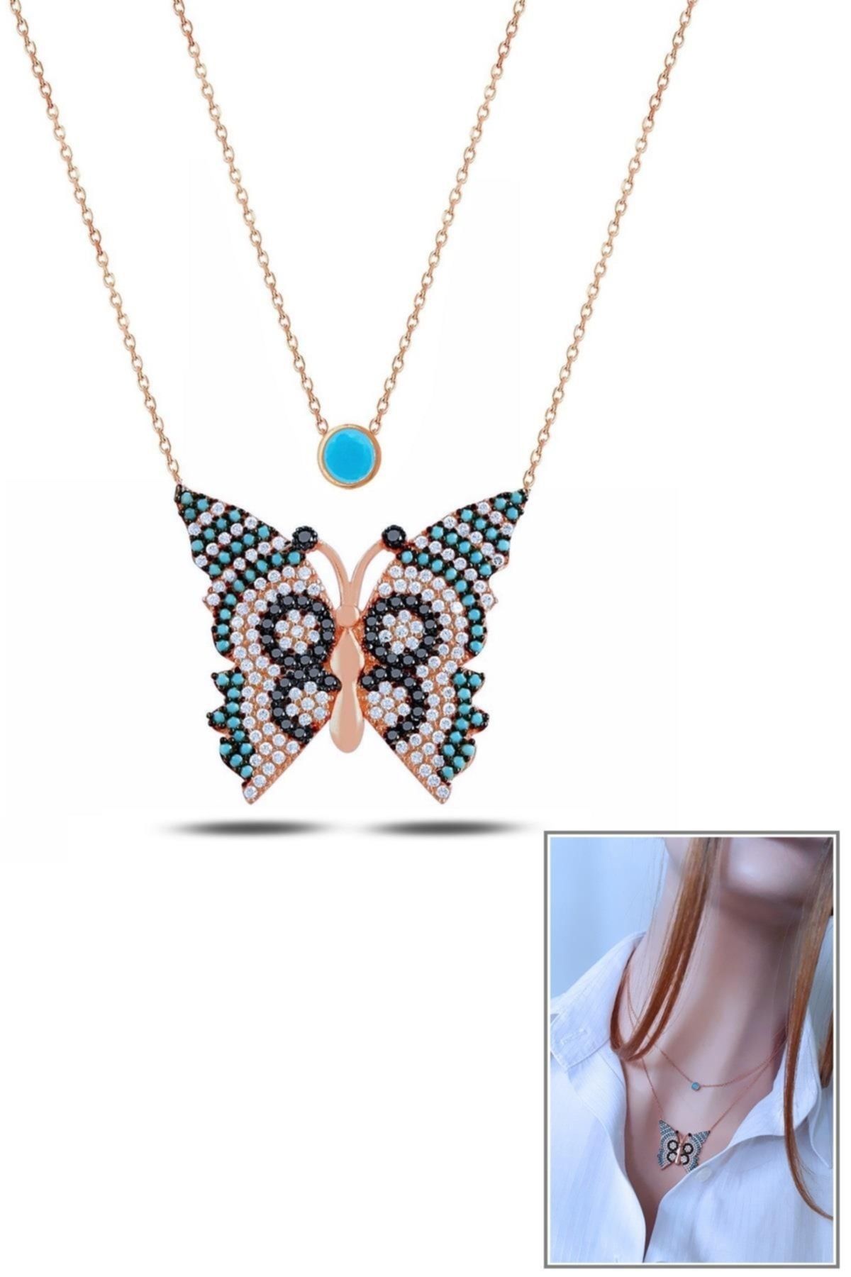 Turkuaz Kelebek Kolye Ve Turkuaz Tektaş Kolye Kombin