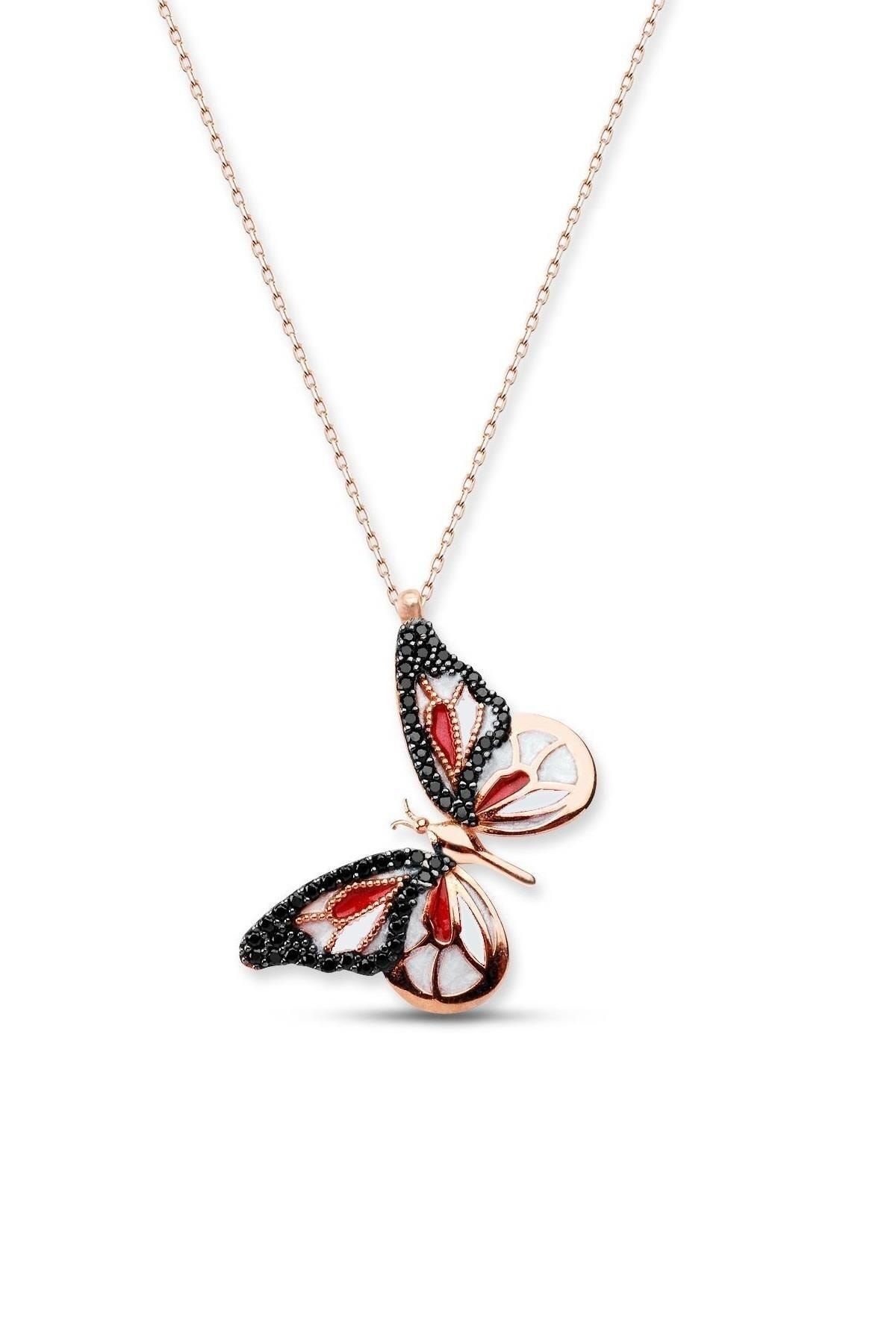 Kırmızı Mineli Kelebek Kolye