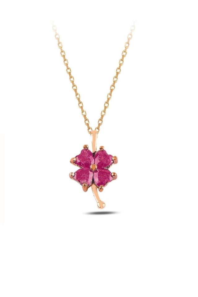 Yonca Motifli Kolye – Pembe Zirkon Taşlı – 925 Ayar Gümüş, Rose Gold Kaplama