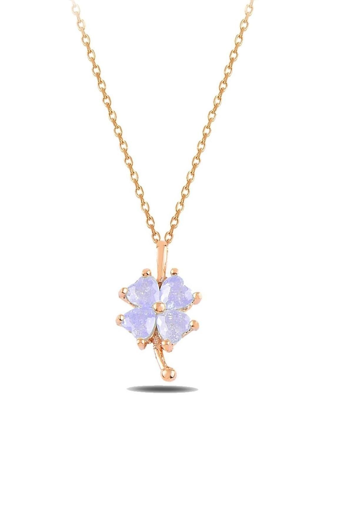 Yonca Motifli Kolye – Lila Zirkon Taşlı – 925 Ayar Gümüş, Rose Gold Kaplama