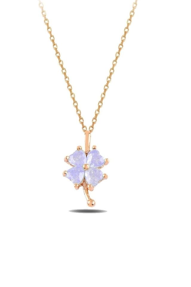 Yonca Motifli Kolye – Lila Zirkon Taşlı – 925 Ayar Gümüş, Rose Gold Kaplama