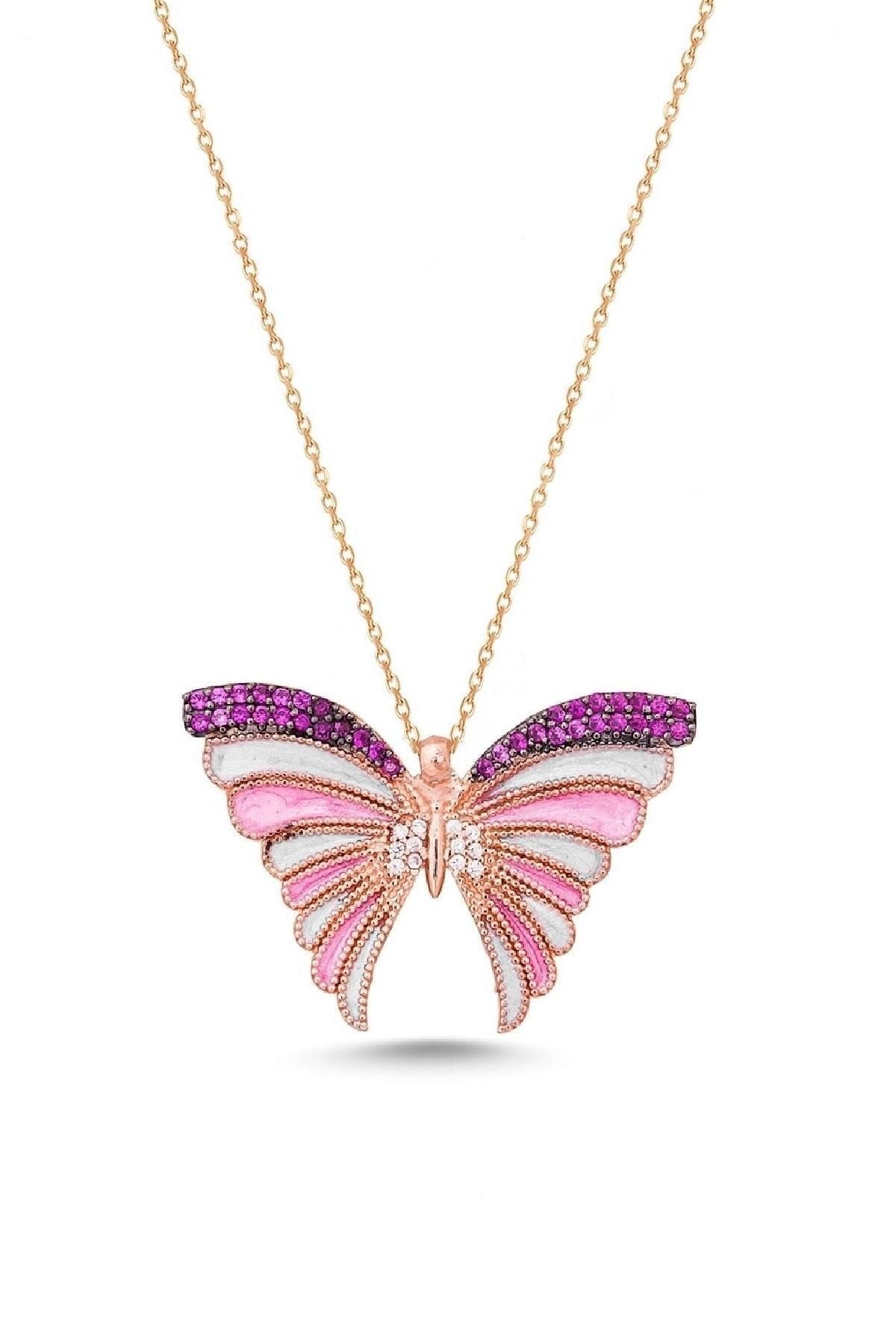 Pembe Çizgili Kelebek Kolye