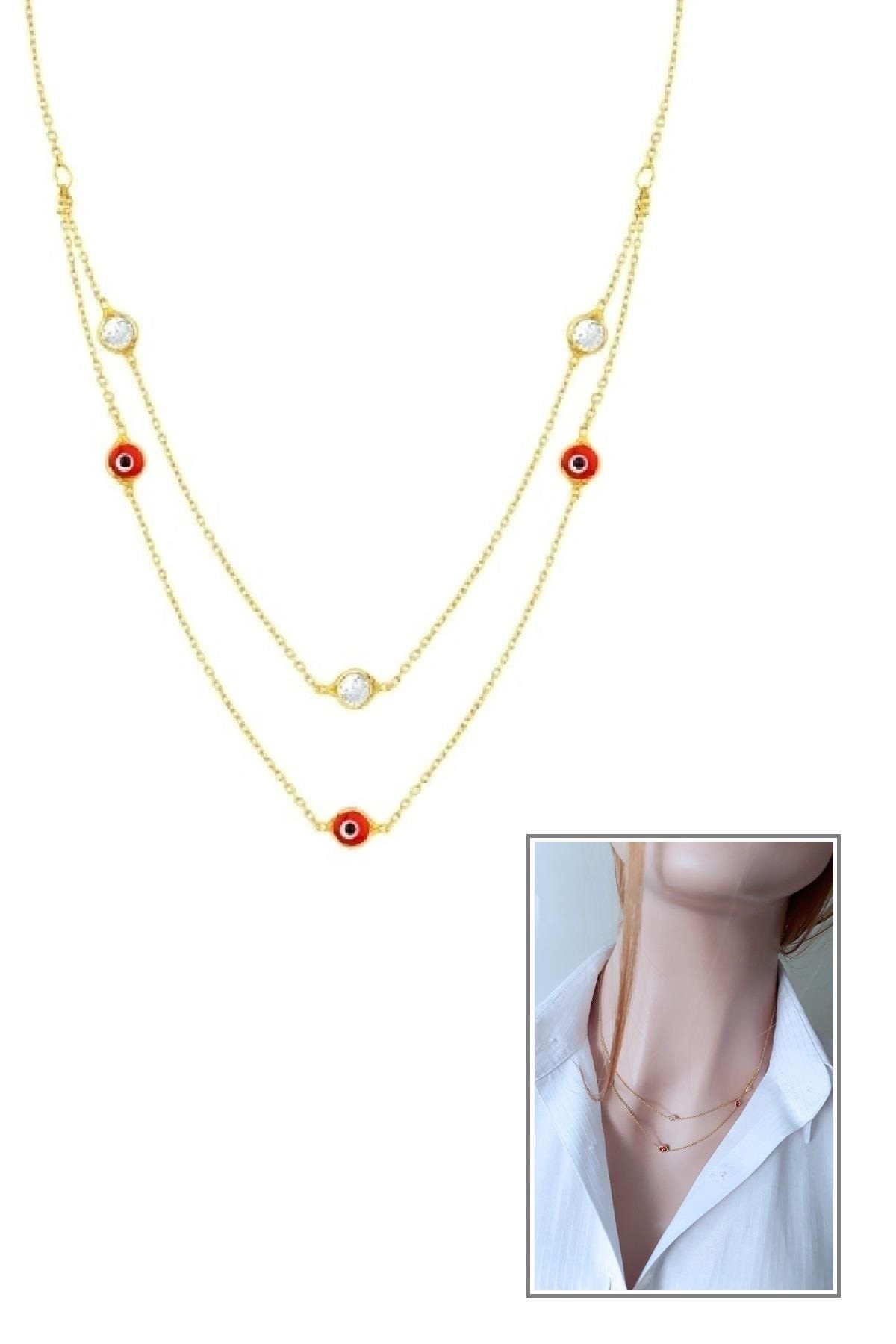 Iki Sıra Nazarlı Kolye (kırmızı)