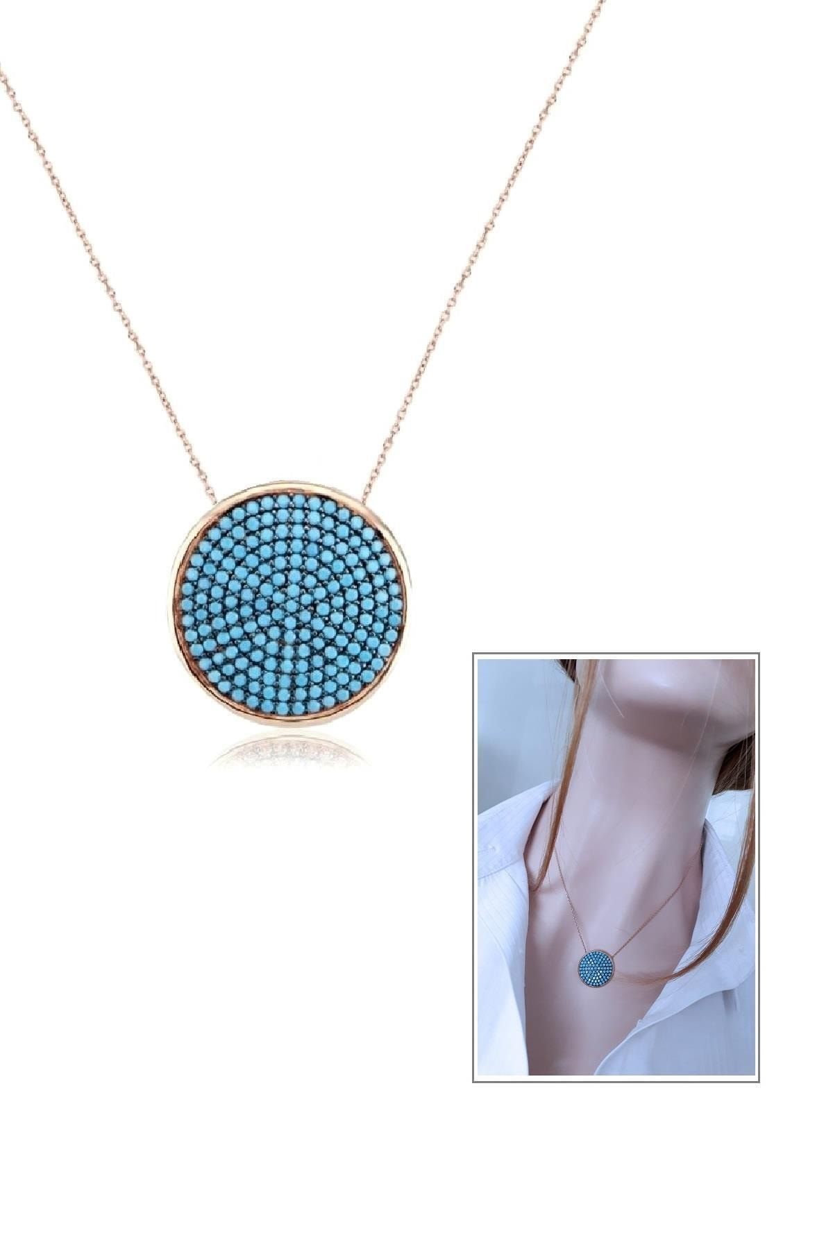 Firuze Taşlı Çerçeveli Daire Kolye