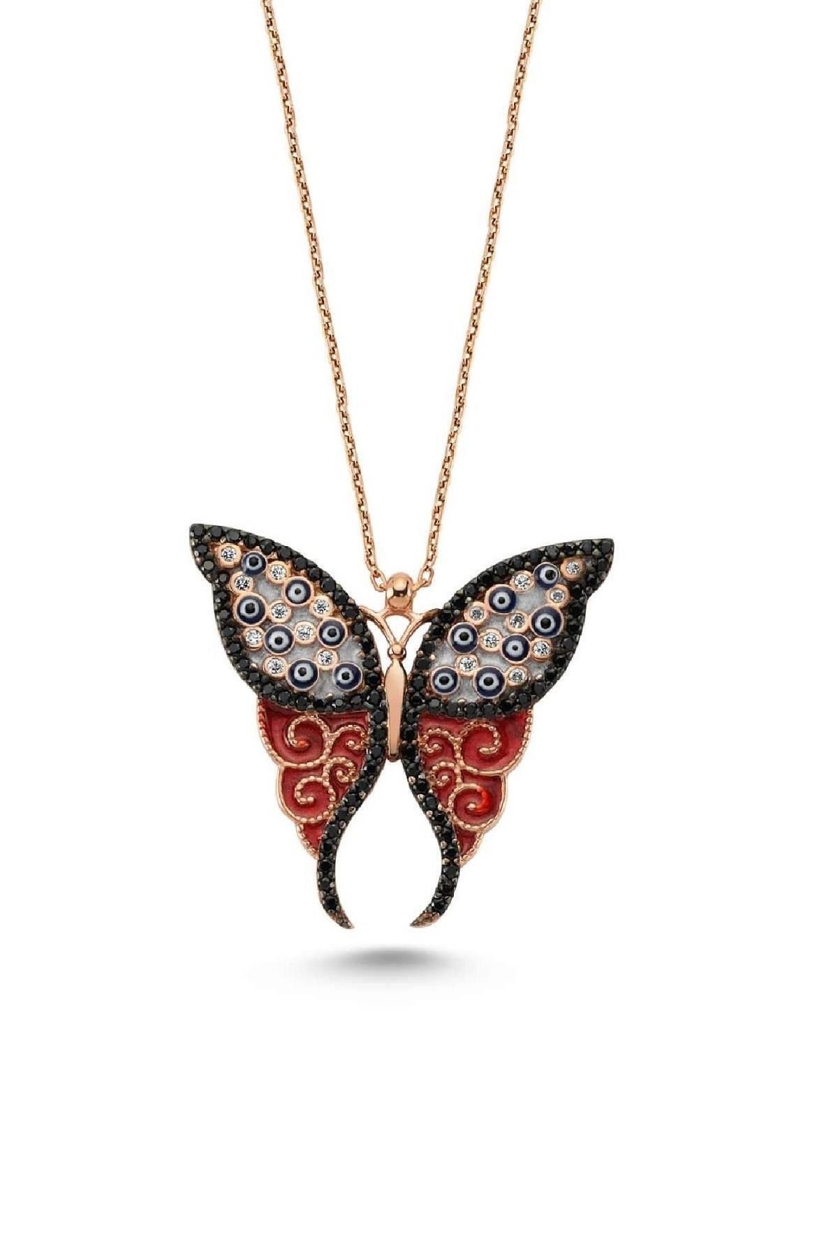 Kadın Rose Gold Kırmızı Nazarlı Kelebek Kolye