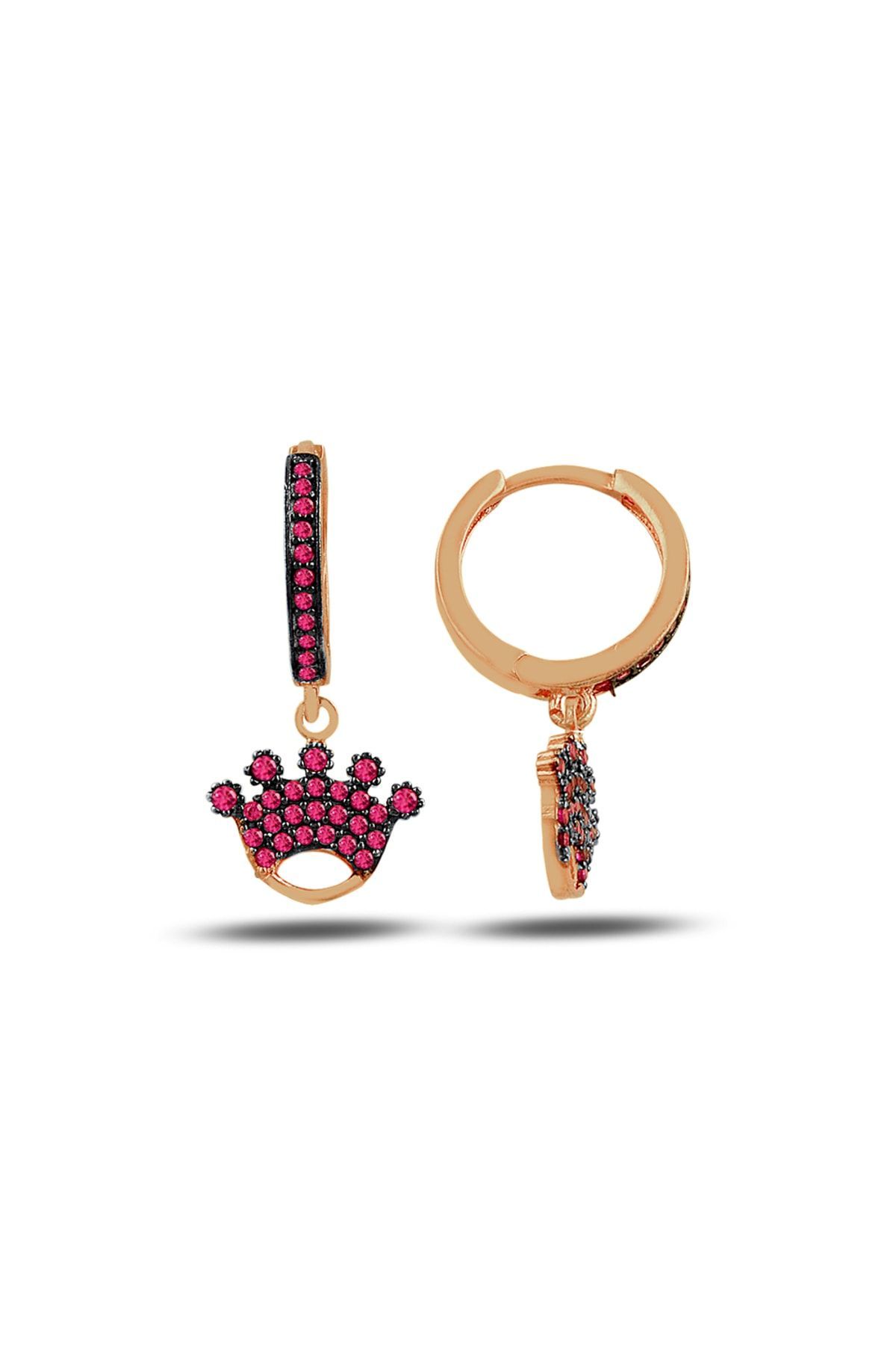 Mini Fuşya Taşlı Taç Küpe – 925 Ayar Gümüş (Rose Gold Kaplama)