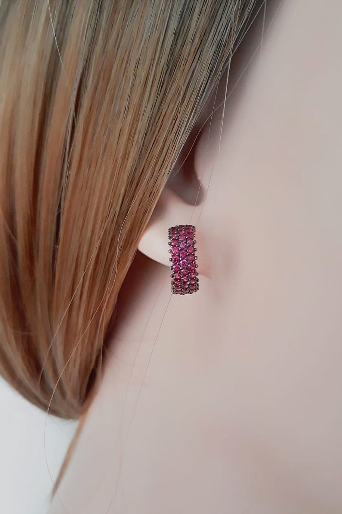 Kadın Pembe Ruby Halka Küpe (3 sıra taş) RGU50122