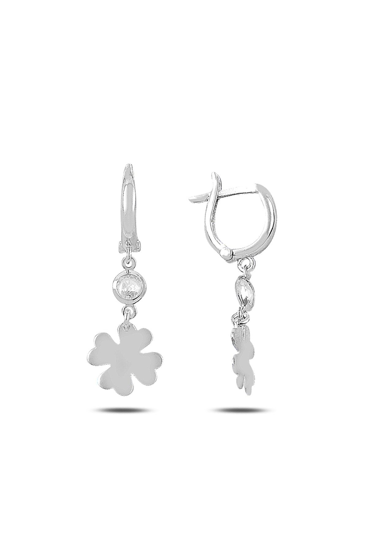 Beyaz Taşlı Yonca Figürlü Sallantılı 925 Ayar Gümüş Küpe